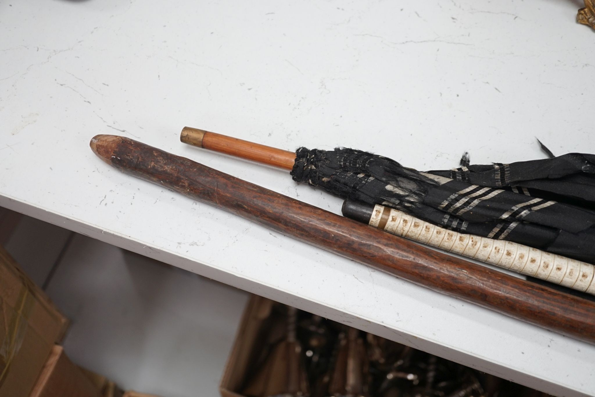 A carved wood figural walking cane, a vertebrae walking stick and a Victorian parasol. Longest 108cm